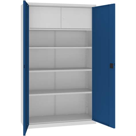 Dulap metalic cu polițe și cu dulăpior interior cu cheie tip compartiment de sigurantă interior, HxLxl: 1990 x 1200 x 435 mm, corp gri RAL7035 / uși albastre RAL5010 - Malow