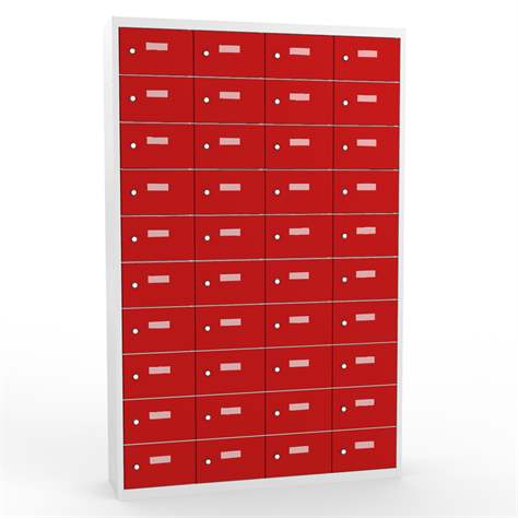 Kleingefachschrank, 4x10 Fächer, HxBxT: 1800x1200x500 mm, Farbe grau RAL7035 / Türen rot RAL3020 - Malow