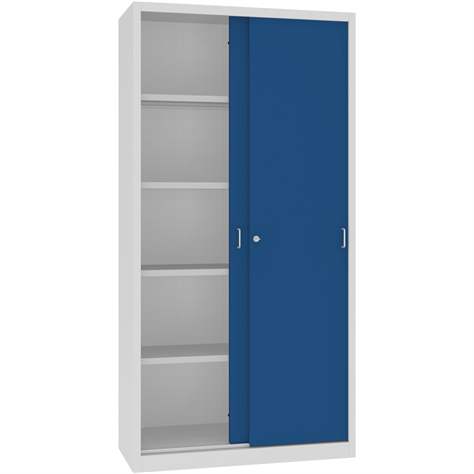 Dulap metalic cu polițe și uși glisante - office steel furniture, HxLxl: 1990x1000x435 mm, culoare gri deschis RAL 7035 / albastru RAL5010 - Malow