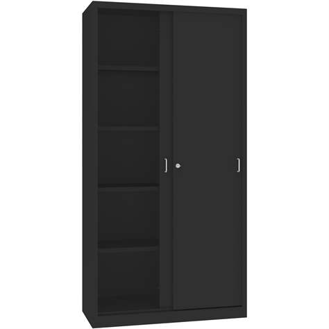 Dulap metalic cu polițe și uși glisante - office steel furniture, HxLxl: 1990x1000x435 mm, culoare neagră RAL 9005 - Malow