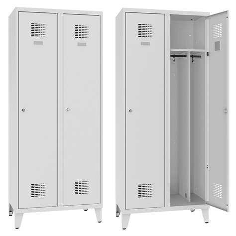 Garderobenschrank WEMO, geschweißt, 2 x 400 mm, Türfarbe Grau RAL7035, mit Füßen, Dreipunkt-Zylinderschloss - Malow