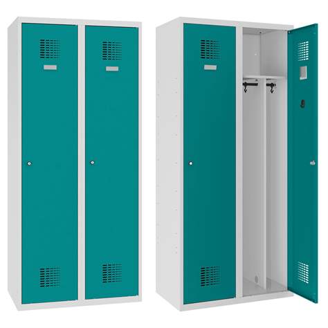 Garderobenschrank WEMO, geschweißt, 2 x 400 mm, Türfarbe Türkisblau RAL5018, ohne Füße, Dreipunkt-Zylinderschloss - Malow