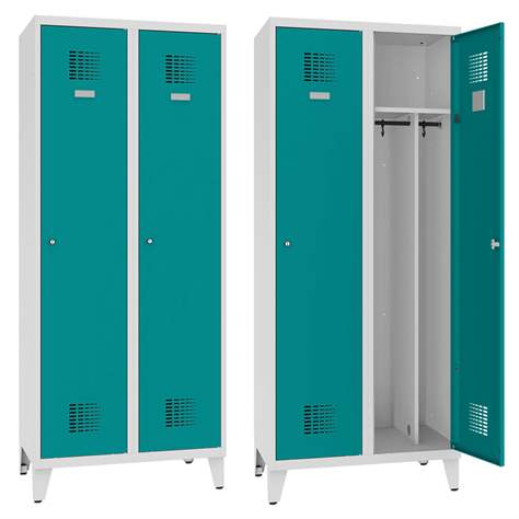 Garderobenschrank WEMO, geschweißt, 2 x 400 mm, Türfarbe Türkisblau RAL5018, mit Füßen, Drehriegelverschluss mit Dreipunktverriegelung - Malow