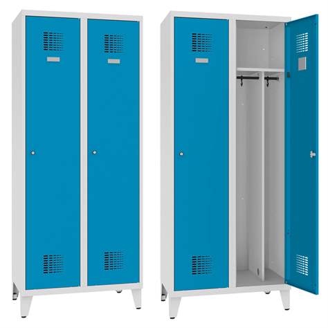 Garderobenschrank WEMO, geschweißt, 2 x 400 mm, Türfarbe Blau RAL5012, mit Füßen, Drehriegelverschluss mit Dreipunktverriegelung - Malow