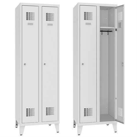 Garderobenschrank WEMO, geschweißt, 2 x 300 mm, Türfarbe Grau RAL7035, mit Füßen, Dreipunktriegel für Hängeschloss - Malow