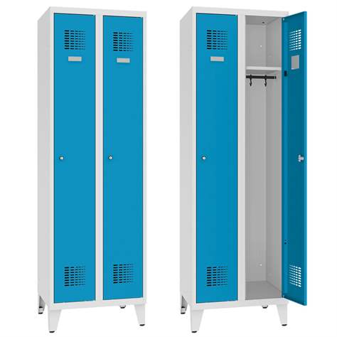 Garderobenschrank WEMO, geschweißt, 2 x 300 mm, Türfarbe Blau RAL5012, mit Füßen, Dreipunkt-Zylinderschloss - Malow