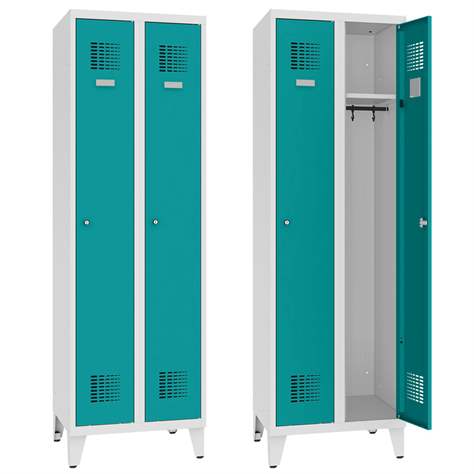 Garderobenschrank WEMO, Geschweißt, 2 x 300 mm, Türfarbe Türkisblau RAL5018, mit Füßen, Dreipunkt-Zylinderschloss - Malow