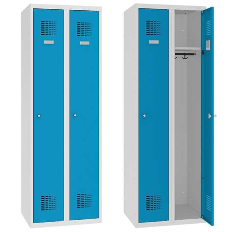 Garderobenschrank WEMO, geschweißt, 2 x 300 mm, Türfarbe Blau RAL5012, ohne Füße, Dreipunkt-Zylinderschloss - Malow