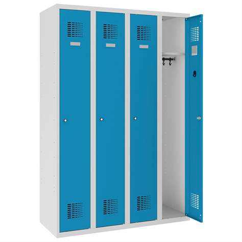 Dulap metalic pentru vestiar, sudat, WEMO, 4 x 300 mm, uși albastre RAL5012, fără picioare, închidere 3 puncte, încuietoare cilindrică - Malow