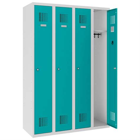 Dulap metalic pentru vestiar, sudat, WEMO, 4 x 300 mm, uși verzi RAL5018, fără picioare, închidere 3 puncte, încuietoare cilindrică - Malow