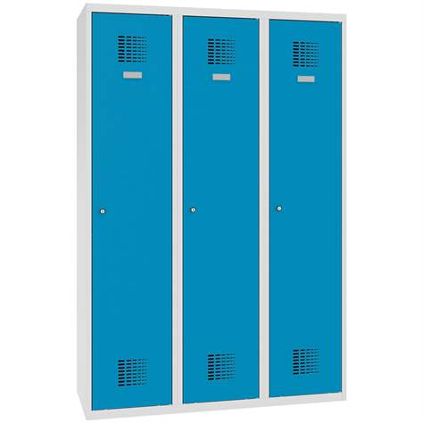 Garderobenschrank WEMO, geschweißt, 3 x 400 mm, Türfarbe Blau RAL5012, ohne Füße, Dreipunkt-Zylinderschloss - Malow - Bild4