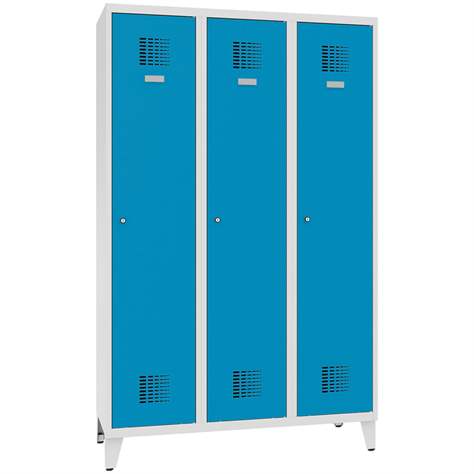 Garderobenschrank WEMO, geschweißt, 3 x 400 mm, Türfarbe Blau RAL5012, mit Füßen, Dreipunkt-Zylinderschloss - Malow - Bild4