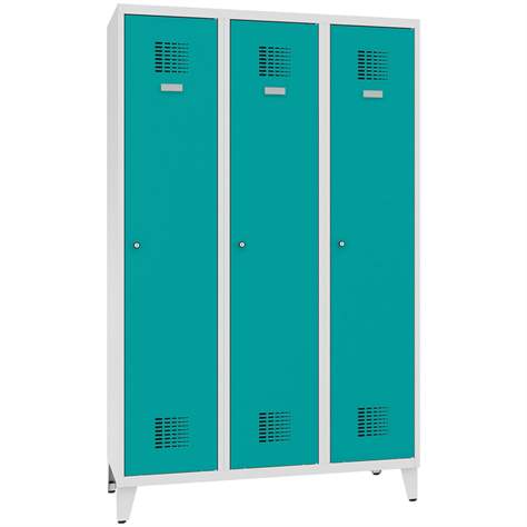 Garderobenschrank WEMO, geschweißt, 3 x 400 mm, Türfarbe Türkisblau RAL5018, mit Füßen, Drehriegelverschluss mit Dreipunktverriegelung - Malow - Bild5