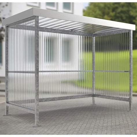 Raucherunterstand, Rück- und zwei Seitenwände aus gewelltem PVC, Dach aus Trapezblech, H x B x T: 2360x2960x1580 mm - WSM - Walter Solbach Metallbau GmbH