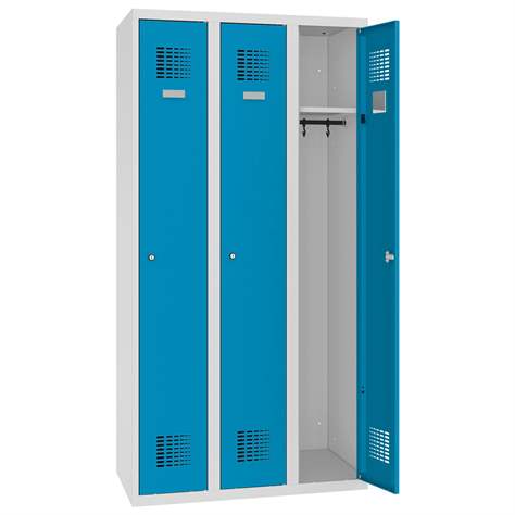 Dulap metalic pentru vestiar, sudat, WEMO, 3 x 300 mm, uși albastre RAL5012, fără picioare, închidere 3 puncte, zăvor rotativ pentru lacăt - Malow