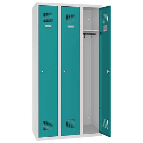Dulap metalic pentru vestiar, sudat, WEMO, 3 x 300 mm, uși verzi RAL5018, fără picioare, închidere 3 puncte, încuietoare cilindrică - Malow