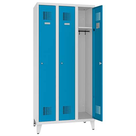 Dulap metalic pentru vestiar, sudat, WEMO, 3 x 300 mm, uși albastre RAL5012, cu picioare, încuietoare pentru lacăt cu blocare în 3 puncte - Malow
