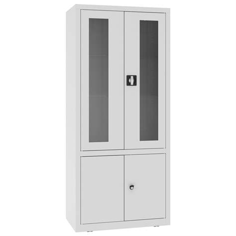 Apothekerschrank aus Stahl, obere zweiflügeligen Türen verglast, untere massiv, Glasböden, BxHxT: 800x1800x435 mm, Farbe Grau RAL7035 - Malow - Bild2