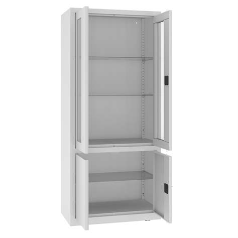 Apothekerschrank aus Stahl, obere zweiflügeligen Türen verglast, untere massiv, Glasböden, BxHxT: 800x1800x435 mm, Farbe Grau RAL7035 - Malow - Bild3