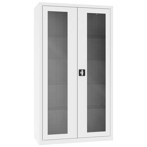 Apothekerschrank aus Stahl mit verglasten zweiflügeligen Türen, Glasböden, BxHxT: 1000x1800x435 mm, Farbe Weiß RAL9010 - Malow - Bild2