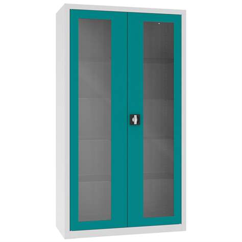 Apothekerschrank aus Stahl mit verglasten zweiflügeligen Türen, Glasböden, BxHxT: 1000x1800x435 mm, Türfarbe Türkisblau RAL5018 - Malow - Bild2