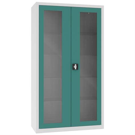 Apothekerschrank aus Stahl mit verglasten zweiflügeligen Türen, Glasböden, BxHxT: 1000x1800x435 mm, Türfarbe Minttürkis RAL6033 - Malow - Bild2