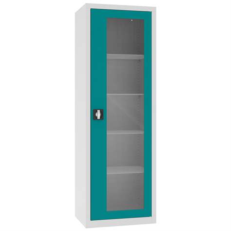 Apothekerschrank aus Stahl mit verglasten einflügeligen Türen, Glasböden, BxHxT: 600x1800x435 mm, Türfarbe Türkisblau RAL5018 - Malow - Bild2