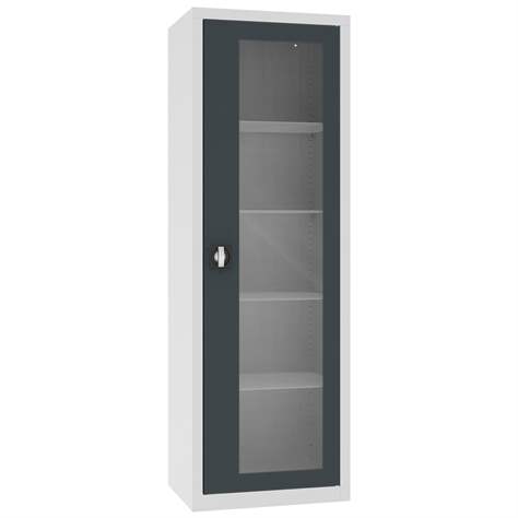 Apothekerschrank aus Stahl mit verglasten einflügeligen Türen, Glasböden, BxHxT: 600x1800x435 mm, Türfarbe Anthrazit RAL7016 - Malow - Bild2