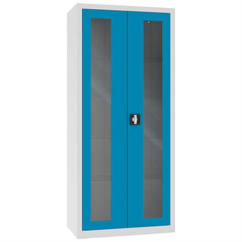 Apothekerschrank aus Stahl mit verglasten zweiflügeligen Türen, Glasböden, BxHxT: 800x1800x435 mm, Türfarbe Blau RAL5012 - Malow - Bild2