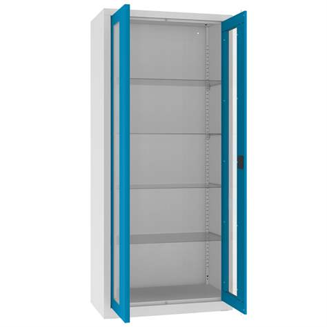 Apothekerschrank aus Stahl mit verglasten zweiflügeligen Türen, Glasböden, BxHxT: 800x1800x435 mm, Türfarbe Blau RAL5012 - Malow - Bild6