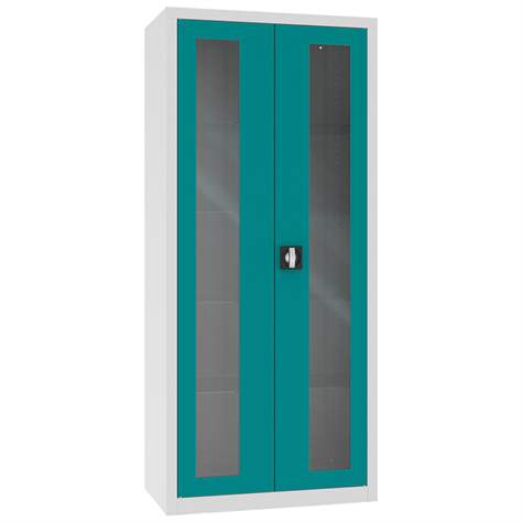 Apothekerschrank aus Stahl mit verglasten zweiflügeligen Türen, Glasböden, BxHxT: 800x1800x435 mm, Türfarbe Türkisblau RAL5018 - Malow - Bild2