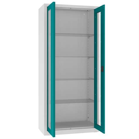 Apothekerschrank aus Stahl mit verglasten zweiflügeligen Türen, Glasböden, BxHxT: 800x1800x435 mm, Türfarbe Türkisblau RAL5018 - Malow - Bild6