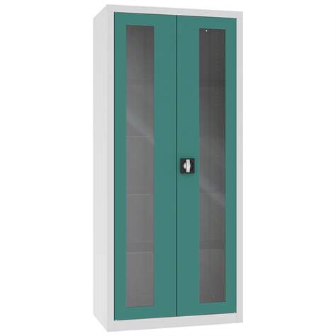 Apothekerschrank aus Stahl mit verglasten zweiflügeligen Türen, Glasböden, BxHxT: 800x1800x435 mm, Türfarbe Minttürkis RAL6033 - Malow - Bild2