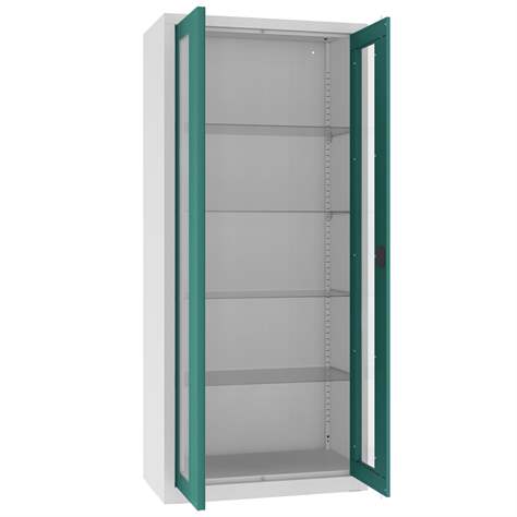 Apothekerschrank aus Stahl mit verglasten zweiflügeligen Türen, Glasböden, BxHxT: 800x1800x435 mm, Türfarbe Minttürkis RAL6033 - Malow - Bild6