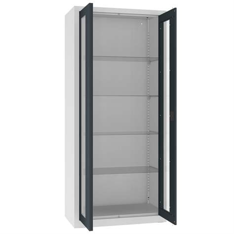 Apothekerschrank aus Stahl mit verglasten zweiflügeligen Türen, Glasböden, BxHxT: 800x1800x435 mm, Türfarbe Anthrazit RAL7016 - Malow - Bild6