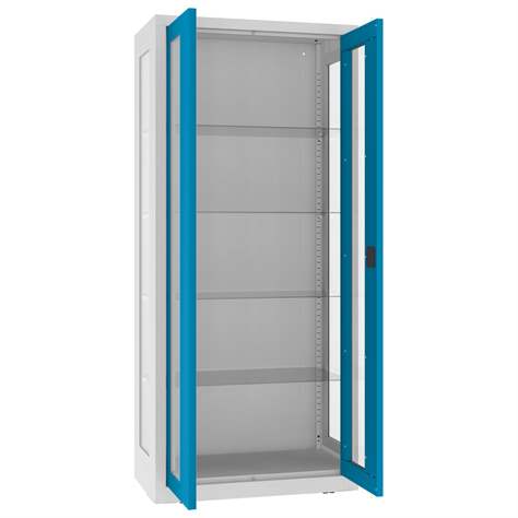 Apothekerschrank aus Stahl mit verglasten zweiflügeligen Türen und Seitenwände, Glasböden, BxHxT: 800x1800x435 mm, Türfarbe Blau RAL5012 - Malow - Bild3