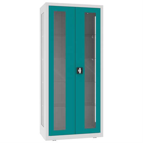 Apothekerschrank aus Stahl mit verglasten zweiflügeligen Türen und Seitenwände, Glasböden, BxHxT: 800x1800x435 mm, Türfarbe Türkisblau RAL5018 - Malow - Bild2