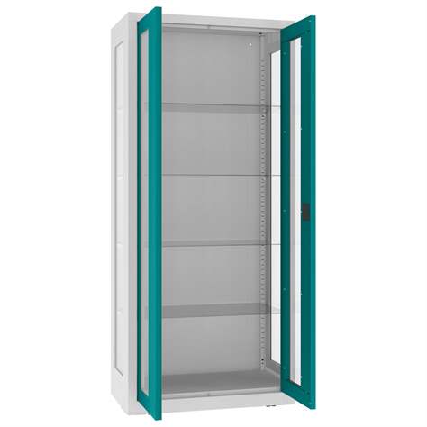 Apothekerschrank aus Stahl mit verglasten zweiflügeligen Türen und Seitenwände, Glasböden, BxHxT: 800x1800x435 mm, Türfarbe Türkisblau RAL5018 - Malow - Bild3
