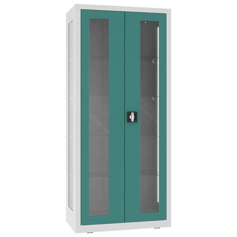 Apothekerschrank aus Stahl mit verglasten zweiflügeligen Türen und Seitenwände, Glasböden, BxHxT: 800x1800x435 mm, Türfarbe Minttürkis RAL6033 - Malow - Bild2