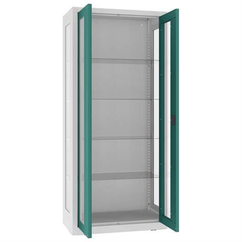 Apothekerschrank aus Stahl mit verglasten zweiflügeligen Türen und Seitenwände, Glasböden, BxHxT: 800x1800x435 mm, Türfarbe Minttürkis RAL6033 - Malow - Bild3