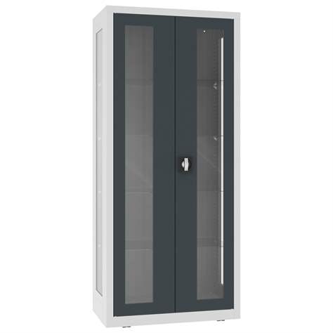 Apothekerschrank aus Stahl mit verglasten zweiflügeligen Türen und Seitenwände, Glasböden, BxHxT: 800x1800x435 mm, Türfarbe Anthrazit RAL7016 - Malow - Bild6