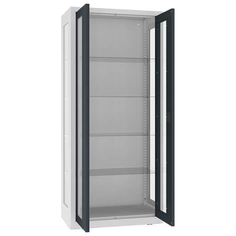 Apothekerschrank aus Stahl mit verglasten zweiflügeligen Türen und Seitenwände, Glasböden, BxHxT: 800x1800x435 mm, Türfarbe Anthrazit RAL7016 - Malow - Bild2