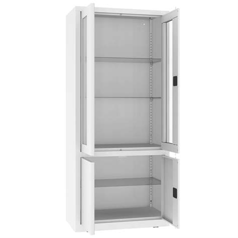 Apothekerschrank aus Stahl, obere zweiflügeligen Türen verglast, untere massiv, Glasböden, BxHxT: 800x1800x435 mm, Farbe Weiß RAL9010 - Malow - Bild3