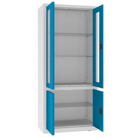 Apothekerschrank aus Stahl, obere zweiflügeligen Türen verglast, untere massiv, Glasböden, BxHxT: 800x1800x435 mm, Türfarbe Blau RAL5012 - Malow - Bild3