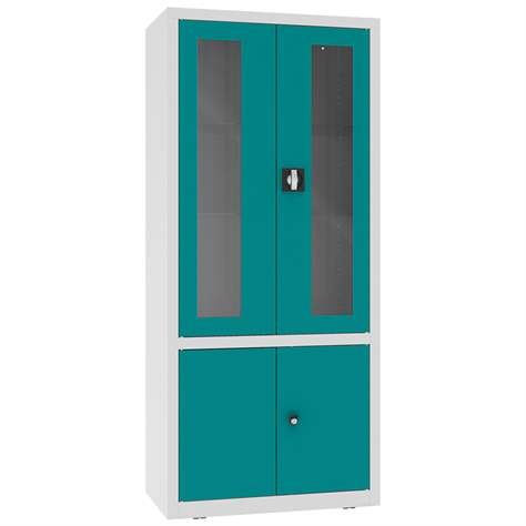 Apothekerschrank aus Stahl, obere zweiflügeligen Türen verglast, untere massiv, Glasböden, BxHxT: 800x1800x435 mm, Türfarbe Türkisblau RAL5018 - Malow - Bild2