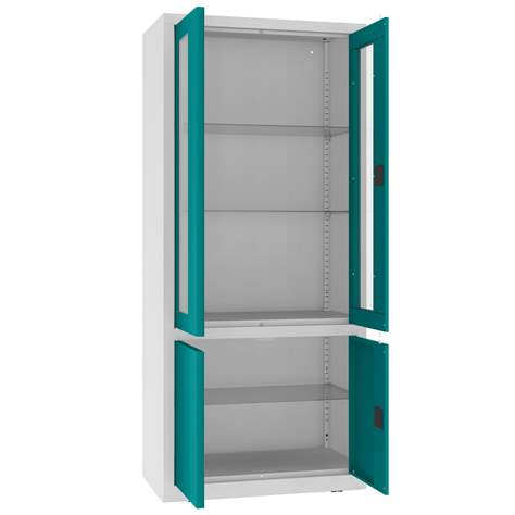 Apothekerschrank aus Stahl, obere zweiflügeligen Türen verglast, untere massiv, Glasböden, BxHxT: 800x1800x435 mm, Türfarbe Türkisblau RAL5018 - Malow - Bild3