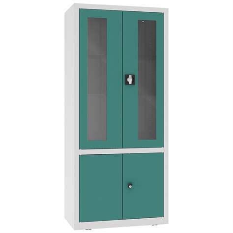 Apothekerschrank aus Stahl, obere zweiflügeligen Türen verglast, untere massiv, Glasböden, BxHxT: 800x1800x435 mm, Türfarbe Minttürkis RAL6033 - Malow - Bild2