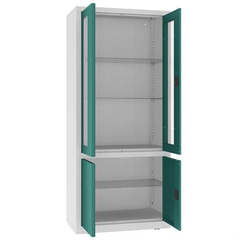 Apothekerschrank aus Stahl, obere zweiflügeligen Türen verglast, untere massiv, Glasböden, BxHxT: 800x1800x435 mm, Türfarbe Minttürkis RAL6033 - Malow - Bild3