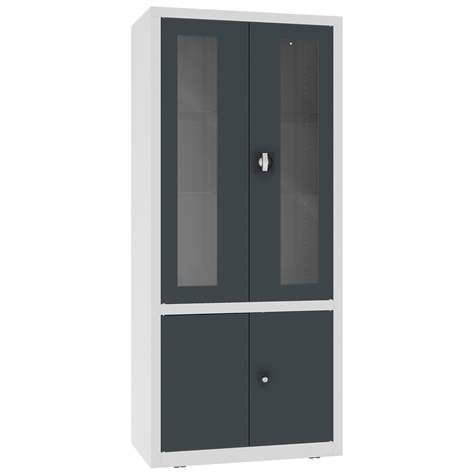 Apothekerschrank aus Stahl, obere zweiflügeligen Türen verglast, untere massiv, Glasböden, BxHxT: 800x1800x435 mm, Türfarbe Anthrazit RAL7016 - Malow - Bild2