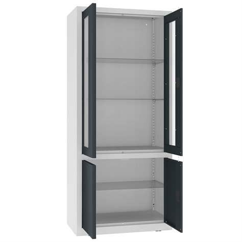 Apothekerschrank aus Stahl, obere zweiflügeligen Türen verglast, untere massiv, Glasböden, BxHxT: 800x1800x435 mm, Türfarbe Anthrazit RAL7016 - Malow - Bild3